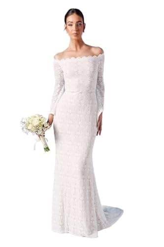 Image of Coast Honoured Bardot Boho Lace Fishtail Wedding Dress, 12, Ivory