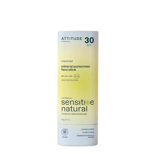 Image of ATTITUDE Mineral Sunscreen Face Stick for Sensitive Skin, SPF 30, EWG Verified, Plastic-Free, Broad Spectrum UVA/UVB Protection with Zinc Oxide, Dermatologically Tested, Vegan, Unscented, 20 g