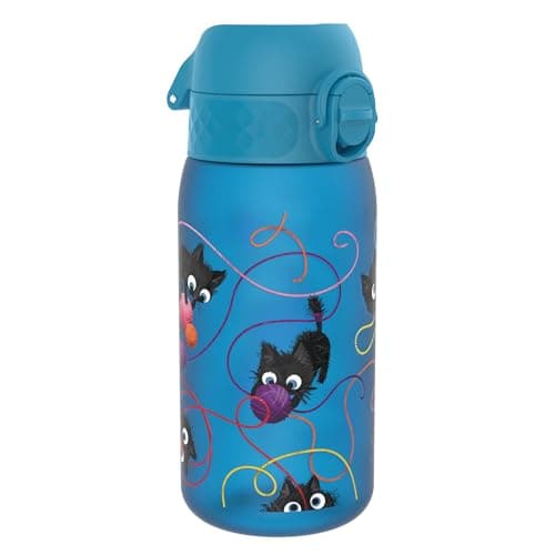 Image of Ion8 Kids Water Bottle, 350 ml/12 oz, Leak Proof, Easy to Open, Secure Lock, Dishwasher Safe, BPA Free, Carry Handle, Hygienic Flip Cover, Easy Clean, Odour Free, Carbon Neutral, Blue, Kittens, Cats