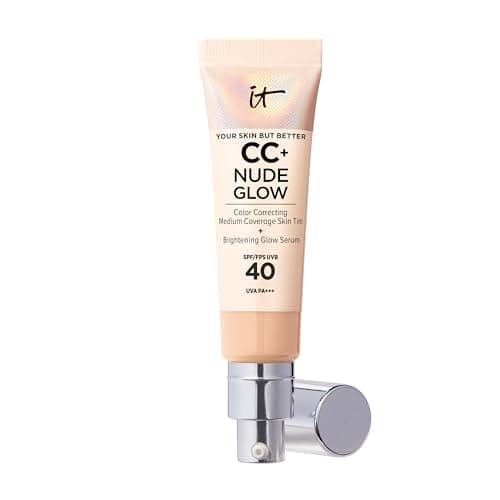 Image of IT Cosmetics, CC+ Cream Nude Glow Foudation, Medium Coverage, Instantly Brighter & Hyrdrated Skin, Made with 2% Niacinamide & Hyaluronic Acid, Your Skin But Better, Shade: Medium, 32ml