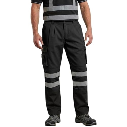 Image of DURUS WORKWEAR Mens Hi Vis Viz Plain & 2 Tone Polycotton Safety Work Trousers EN471 Class 1 Black