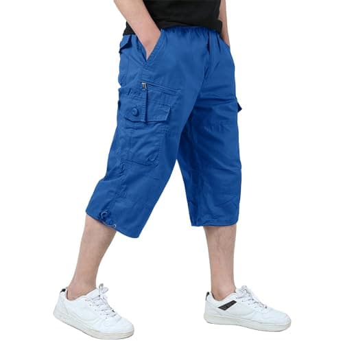 Image of KEFITEVD Men's Cargo Work Shorts 3/4 Length Work Capri Shorts Bermuda 7 Pockets,Royal Blue,38