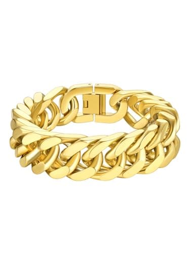 Image of Richsteel Cuban Link Bracelet For Men Gold Plated Stainless Steel Chain Bracelets Hip Hop Rapper Thick Jewellery 17mm Width 19cm Length