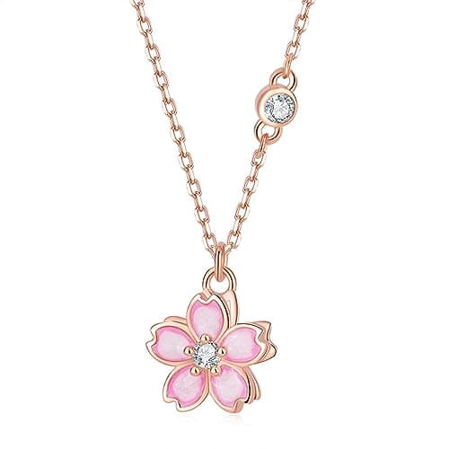 Image of Belons Women Necklace Sakura 925 Sterling Silver Cubic Zirconia Colour Enamel Cherry Blossom Pendant Necklace for Girls Ladies Kids