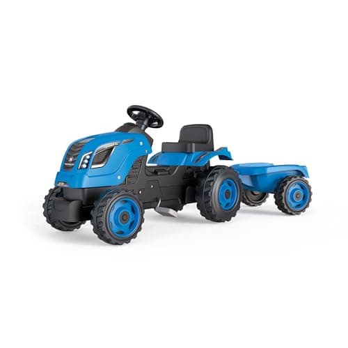 Image of Smoby - Farmer XL Blue Tractor + Trailer - Children's Pedal Tractor - Adjustable Seat - Steering Wheel with Horn - Opening Hood - From 3 Years Old - Made in France