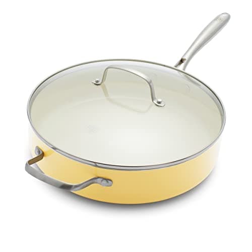 Image of GreenLife Artisan Healthy Ceramic Nonstick, 5QT Saute Pan Jumbo Cooker with Helper Handle and Lid, Stainless Steel Handle, PFAS-Free, Dishwasher Safe, Oven Safe, Yellow