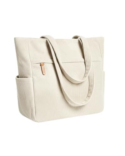 Image of szyanlai Corduroy Tote Bags for Women Large Tote Bag with Zipper Shoulder Bags Handbags for College School Work Shopping Travel (Beige, L)