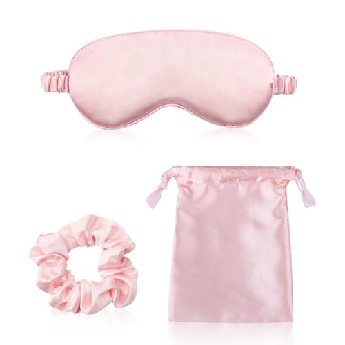 Image of Silk Eye Mask for Sleeping, 3 Pcs Sleep Mask Set Super Soft Eye Masks Silk Sleep Eye Mask with Hair Scrunchie and Travel Pouch for Women Girls (Pink)