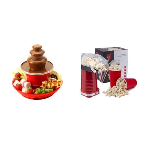 Image of Bundle of Global Gourmet Chocolate Fountain Mini 3 Tier Fondue Set with Party Serving Tray + Popcorn Maker Machine Air Popcorn Popper Fat Free and Healthy