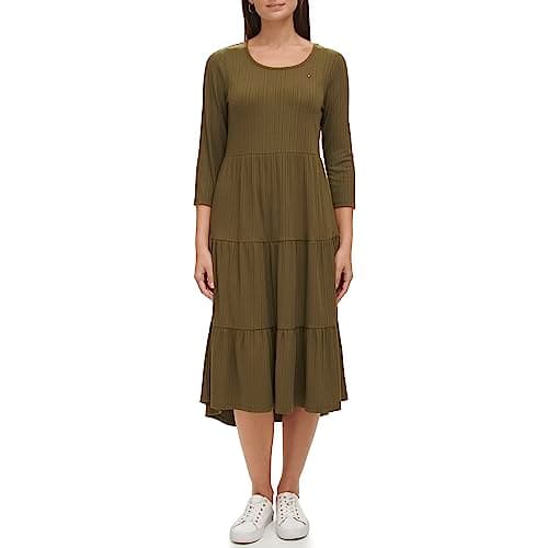 Image of Tommy Hilfiger Women's Tiered Stripe Midi Dress, Dark Olive, XXL