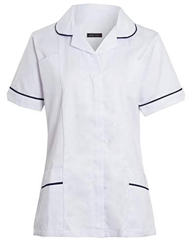 Image of shelikes Womens Hospital Uniform Ladies Healthcare Zip Fastening Collared Nurse Tunic Top Medical Uniform Salon Vet Healthcare Maid Dress White