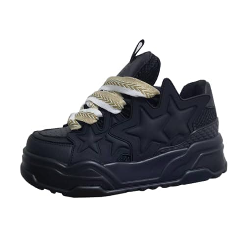 Image of Women's Cute Star Chunky Platform Trainers Y2K Fashion Comfort Walking Shoes Campus Kawaii Style Athletic Sneakers Black 8.5