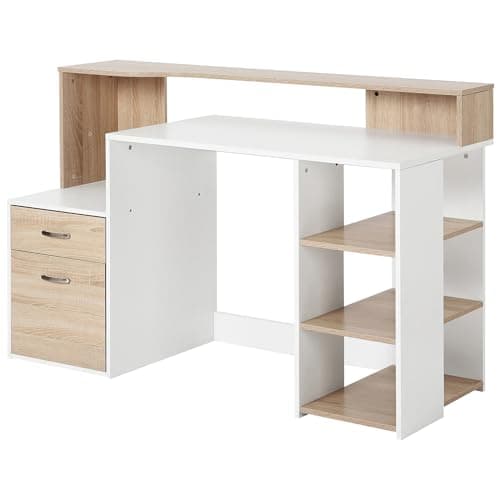 Image of HOMCOM Computer Desk PC Table Modern Home Office Writing Workstation Furniture Printer Shelf Rack w/Storage Drawer & Shelves (Oak and white)