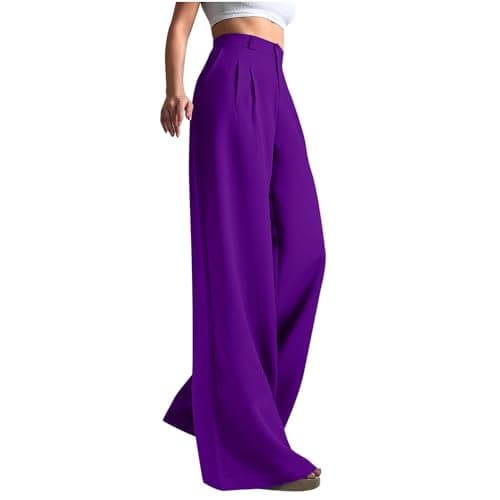 Image of Women Office Trousers Smart Formal Trousers High Waist Wide Leg Work Trouser Full Length Suit Pants Officewear Straight Leg Pants Solid Color Business Casual Bottoms Purple