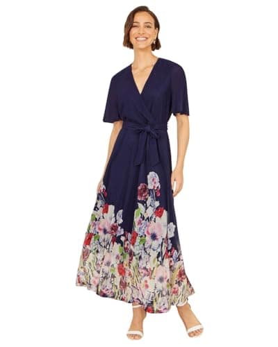 Image of Yumi Navy Mesh Wrap Midi Dress with Floral Hem Border (UK, Numeric, 14, Regular, Regular, Navy)