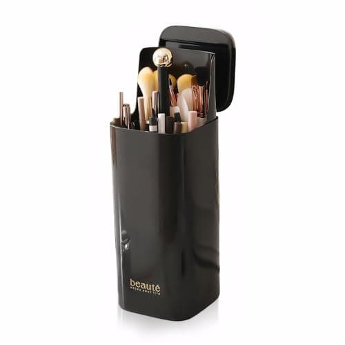 Image of Accmuzzy Make Up Brush Holder,4 Slots Automatic Lifting Dustproof Makeup Brush Holder with Lid,Make Up Brushes Storage,Waterproof Makeup Organizer for Dressing Table,countertop,Vanity (Black-Gold)