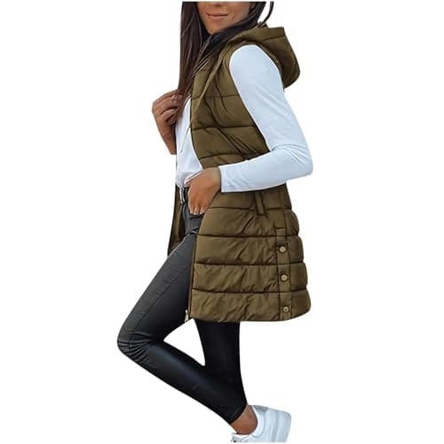 Image of Gilet for Women Long Sleeveless Puffer Coats Zip up Down Body Warmers Hooded Quilted Gilets Winter Longline Plus Size Jackets Casual Padded Warm Vest with Pockets Fashion Side Button Drawstring Jacket