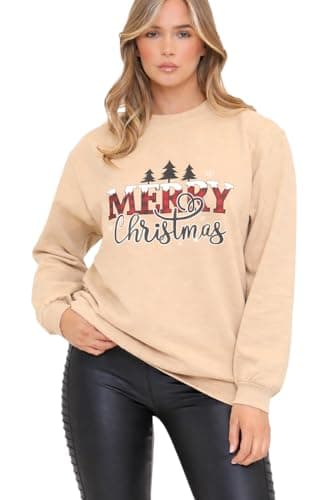 Image of Crazy Fashion Womens Long Sleeve Merry Christmas Slogan Print Xmas Oversized Sweatshirt Ladies Round Neck Christmas Tree Jumper Top Pull Over Cardigan for Winter UK Plus Size (Beige, 20-22)