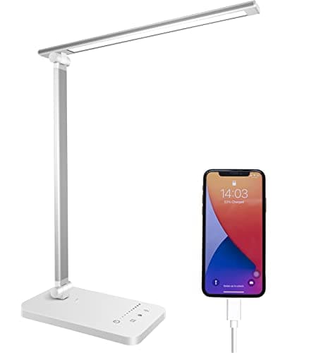 Image of Qualore Desk Lamp, LED Table Lamps with USB Charging Port, 5 Color Mode,5 Brightness Level, Touch Control, 45 Min Auto Timer, Relax Mode, Daylight Bedside Light for Home Office Study Bedroom Nail Kids