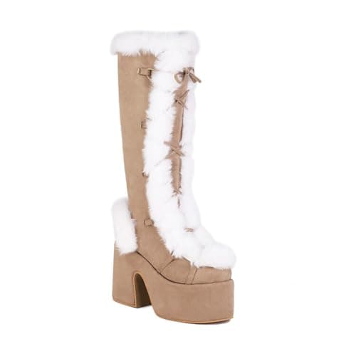 Image of Women's Cozy Faux Fur Knee High Boots Lace Up Platform Block Heels Warm Plush Lining Durable Non Slip Outsole Stylish Winter Casual Dress Boots,Apricot,6 UK