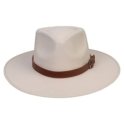 Image of JK Home Wide Brim Fedora Hat - Wool Felt Panama Cap - One Size Unisex Women Men - Brown Leather Buckle Band