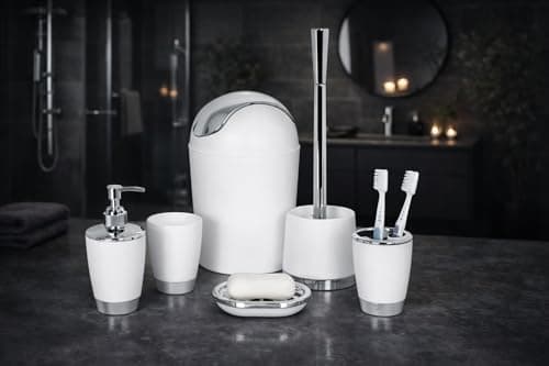 Image of Bathlux Modern Design 6 Piece Bathroom Accessory Set, Toilet Brush, Waste Bin, Soap Dish, Tooth Brush Holder Soap Dispenser, Rinse Cup (White)