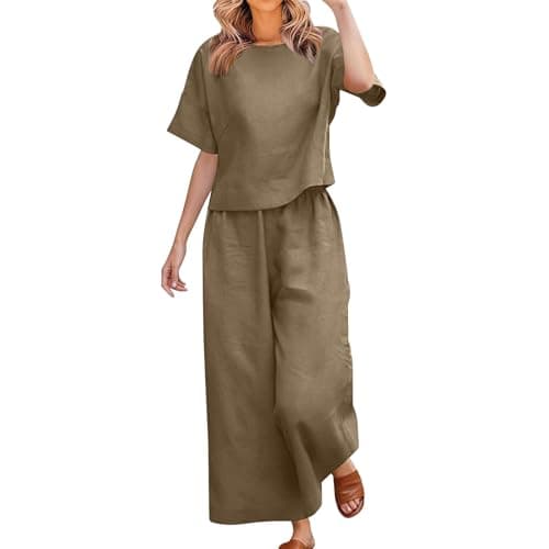 Image of Comfy Co Ord Sets for Women Trouser and Top 2 Piece Petite Linen Lounge Wear Sets Casual Travel Outfit Ariport Set Loose Fit T-Shirt & Wide Leg Pants with Pockets Leisure Suits Beach Holiday Clothes