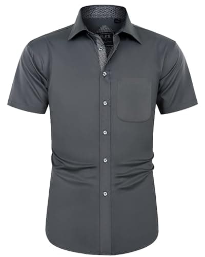 Image of J.VER Mens Short Sleeved Shirts Grey Summer Stretch Non Iron Dress Business Smart Casual Button Down Shirt L