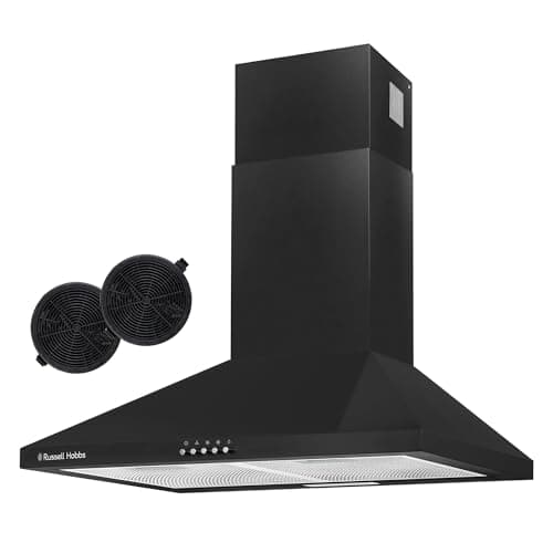 Image of Russell Hobbs 60cm Chimney Cooker Hood in Black with 3 Speed Settings, 2x Carbon Filters, Extraction or Recirculation, 400 m³/h Extraction Rate, LED Lights, A++ Energy Rating, RH60SCH03A1B