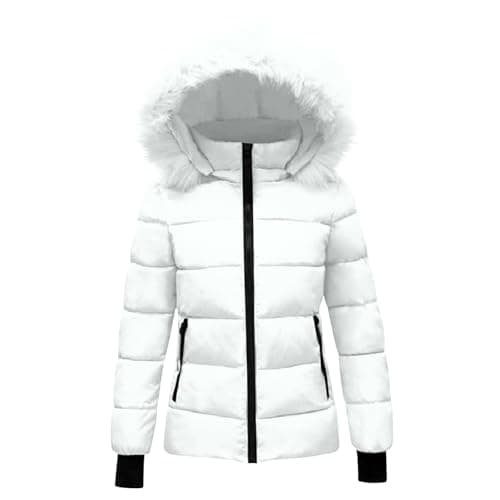 Image of duxyoz Winter Coats for Girls UK - Hooded,Warm,Padded,Quilted,Lightweight,Casual Fitted Overcome Puffer Jacket with Faux Fur Hood White 11-12 Years
