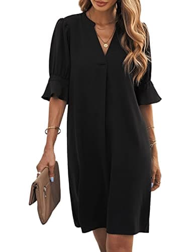 Image of Famulily Womens Casual Ruffled Sleeve Shift Above Knee Dress Ladies Pleated Tunic Dresses Black S