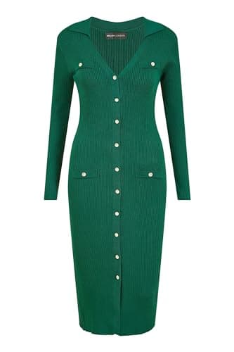 Image of Mela London Mela Green Knitted Fitted Midi Dress with Buttons Green L