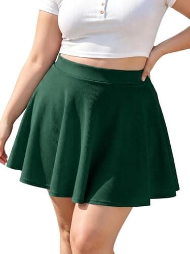 Image of Moon Wood Women's Plus Size Mini Skater Skirt- Basic Versatile High Waisted Flared Casual Stretchy Skirts, Dark Green, L Plus