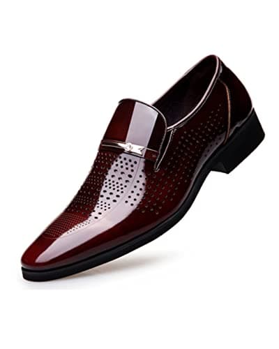 Image of Mens Loafers Fashion Lace-ups Leather Pointed Toe Slippers Comfy Slip-on Business Dress Flats Breathable Driving Shoes Red