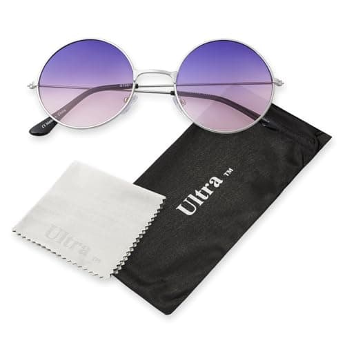 Image of Ultra Large Round Retro Sunglasses UV400 - Large Circle Unisex Metal Frame with Spring Hinges, Carry Pouch & Cleaning Cloth Mens Womens Shades - Purple to Pink Lenses