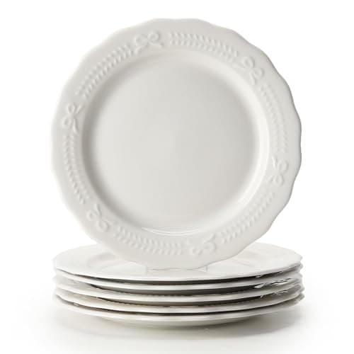 Image of ZPPLD 6 Pack Ceramic Dinner Plates 20cm, White Embossed Dessert Plates, Vintage Style Side Plates, Dishwasher & Microwave Safe, Round Serving Plates for Pasta Salad Breakfast