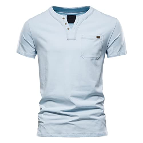Image of v Neck t Shirts for Men UK：Men's Fashion Casual Solid Colour Cotton V-Neck Button Pocket Short Sleeve T-Shirt Lightweight Summer Beach Tops with Pocket Henley Shirt for Men UK