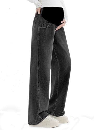 Image of Alled Maternity Jeans Over Belly, Womens Pregnancy Wide Leg Stretchy Adjustable Waist Pants, Maternity Jeans Loose with Pockets Lounge Trousers