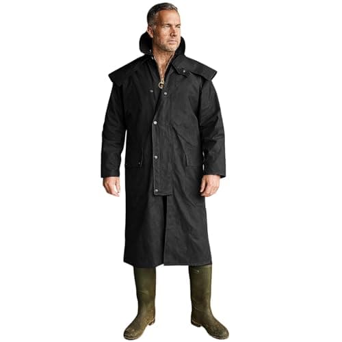 Image of Game Technical Apparel Mens Stockman Long Length Wax Riding Cape Coat with Tartan Lining (L, Black)