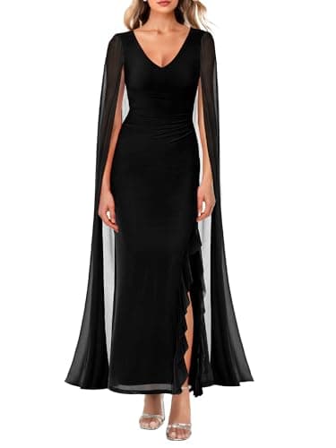 Image of MAYFASEY Women's V Neck Split Formal Dress Mesh Ruched Cocktail Evening Party Prom Long Dresses with Cape, Black M