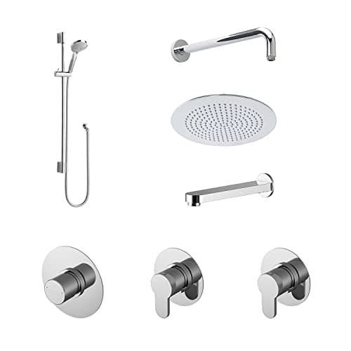 Image of nuie SBR136ST3 Arvan Spa Modern Bathroom Shower Bundle with Temperature Valve, Stop Tap, Diverter, Arm, Head, Slide Rail Kit and Spout, 830mm, Chrome