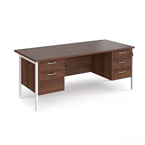 Image of Maestro 25 800 mm Deep Desk With 2 & 3 Drawer Fixed Pedestals & White H Frame Legs, Walnut, 180 cm