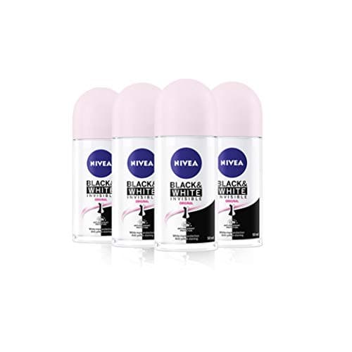 Image of NIVEA Black & White Invisible Original Anti-Perspirant Deodorant Roll On Pack of 4 (4 x 50ml) 48hr Deodorant for Women Anti-Stain Womens Anti-Perspirant Roll On