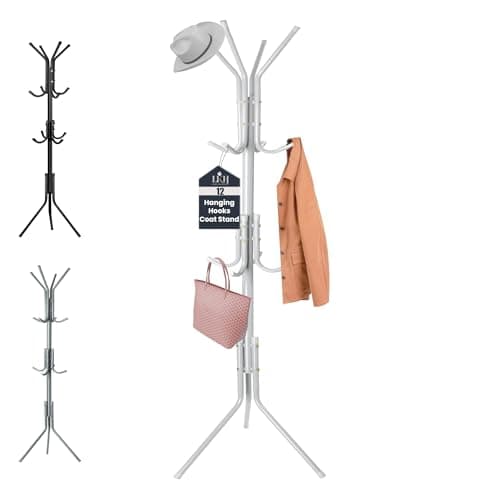 Image of LKH Coat Rack Stand 175cm Steel Hat Stand Coat Stands with Multiple Hooks – Clothes Hanger for Jackets, Hats, Scarves, Bags & Umbrellas Space Saving Design Non-Slip Feet- White