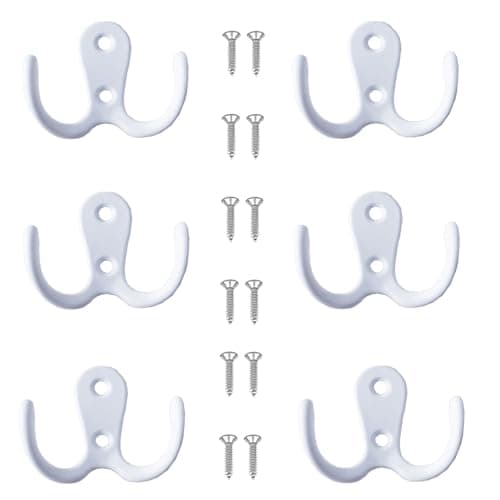 Image of Yesmin 6 Pcs Double Prong Robe Hooks, Dual Coat Hooks Wall Mounted Hanging Clothes for Bathroom Bedroom Door Wall Retro Metal Cloth Hanger Double Coat Hooks with 8 Screws-White