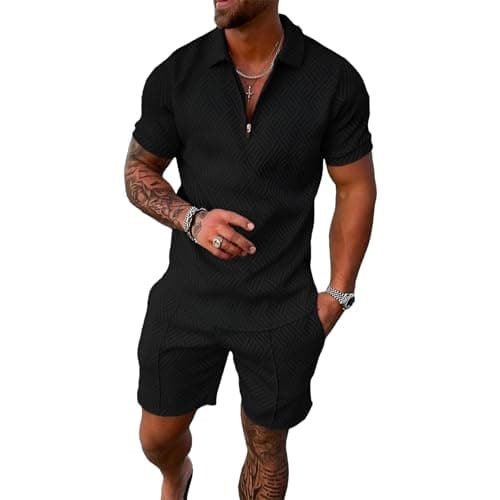 Image of amropi Men's Summer Jacquard Tracksuit Short Sleeve Zip Top and Shorts Sports Outfit Set Black, XXL