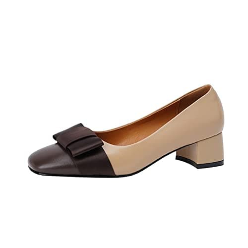 Image of TVAFEDS Loafers Shoes for Women Single Shoes, Small High-Heeled Bows, Women's, Square Stitching, Low-Heeled Leather(Apricot,2.5 UK)