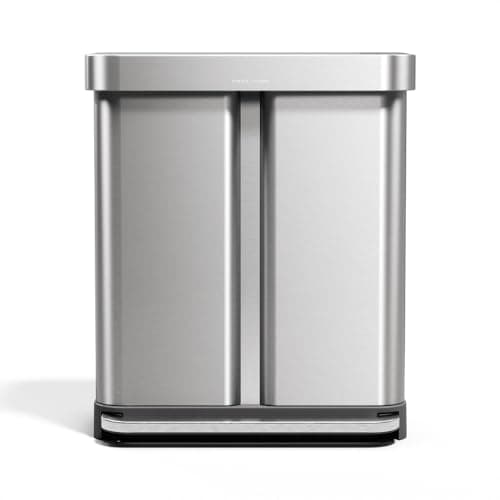 Image of simplehuman 58L (34/24) Rectangular Recycling Double Kitchen Pedal Bin with Liner Pocket, Silent Soft Close Lid, Strong Wide Pedal, Dent-proof Lid, Brushed Stainless Steel with Grey Plastic Lid CW2209
