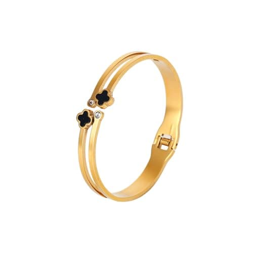 Image of GAUEIOUR Gold Plated Bangle Bracelet,Black Shell Lucky Leaf Titanium Steel Bracelet, Fashionable Double-Layer Women's Zircon Open Bracelet, Double Lucky Symbol, Lucky Gift