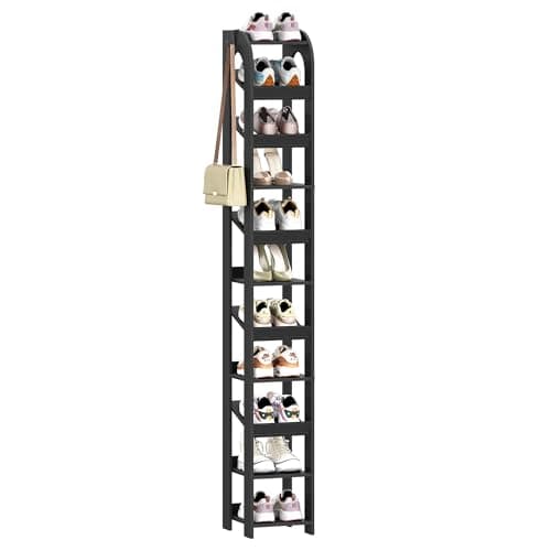 Image of Hzuaneri Vertical Shoe Rack, Shoe Shelves for Small Space, Freestanding Closet Wooden Shoes Organizer with Hooks, Adjustable Shoes Tower for Entryway, Living Room, Black 11 Tier(25W cm) SR12406X